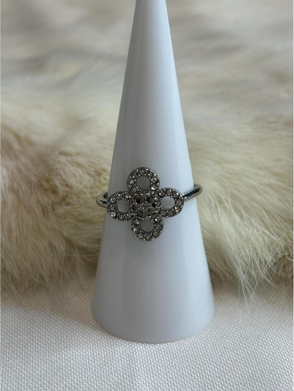 Tory Burch Silver Tone Crystal Ring Size 7.25